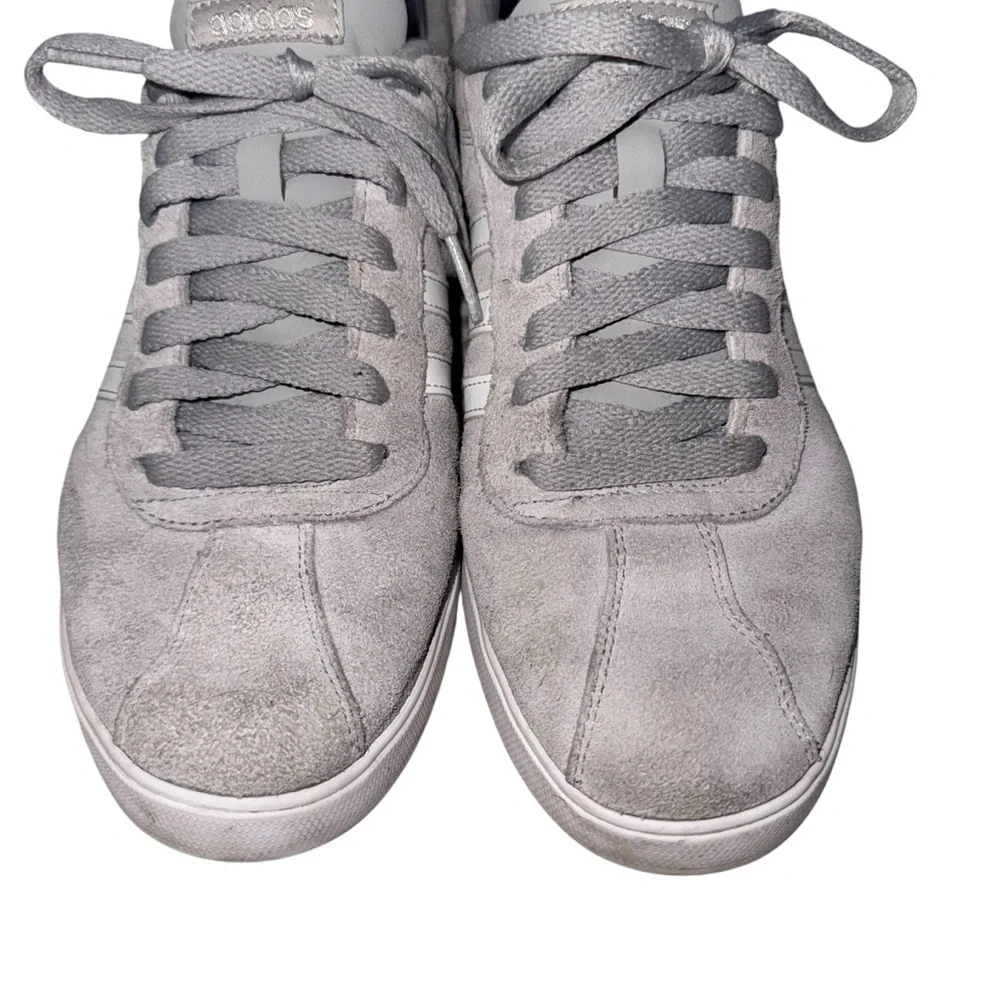 Adidas VL Court 2.0 Gray Suede Low Top Sneakers White Stripes Mens 9.5 Womens 11